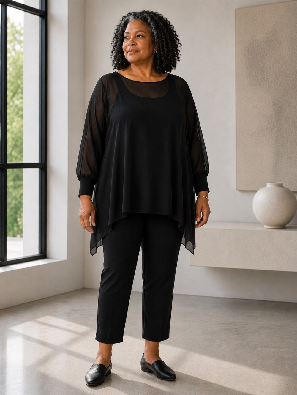Eileen Fisher Silk Georgette Tunic Top XL Black Sheer Oversized
